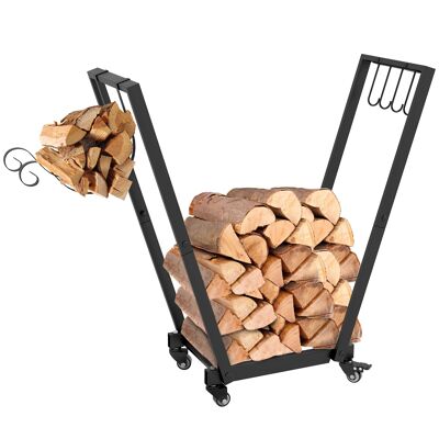 Outsunny Porte-bûches intérieur, range-bûches intérieur, avec crochets latéraux pour ranger, roues, trapézoïdale inversée, charge max. de 50 kg, 79 x 30 x 81 cm, métal, noir