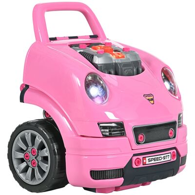 HOMCOM 2 in 1 Mechanic Truck - DIY Toy for Kids - Mechanic Imitation Game - Many Accessories Total of 61 Pieces - Sound and Light Effects - Pink