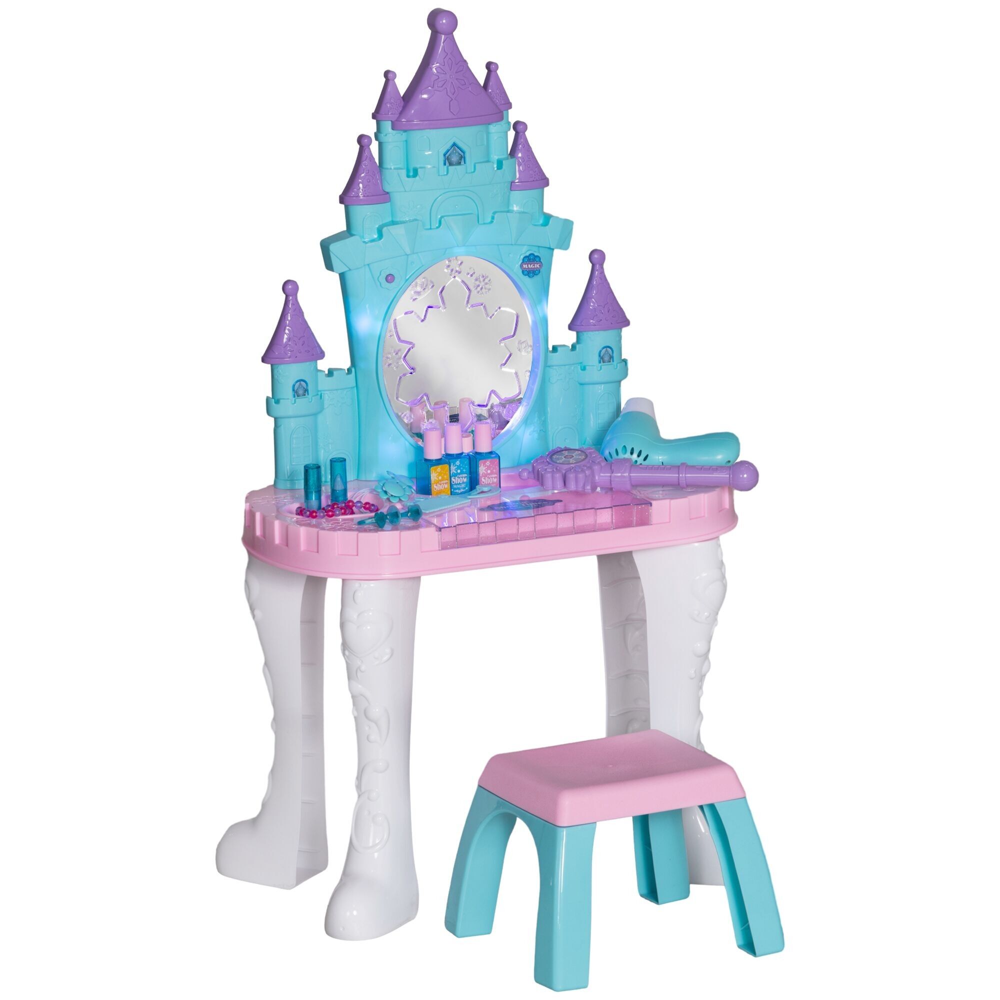 AIYAPLAY Ensemble de coiffeuse pour enfants 18 PCS avec miroir et tabouret, table de maquillage design château pour enfants de 3 à 6 ans, multicolore