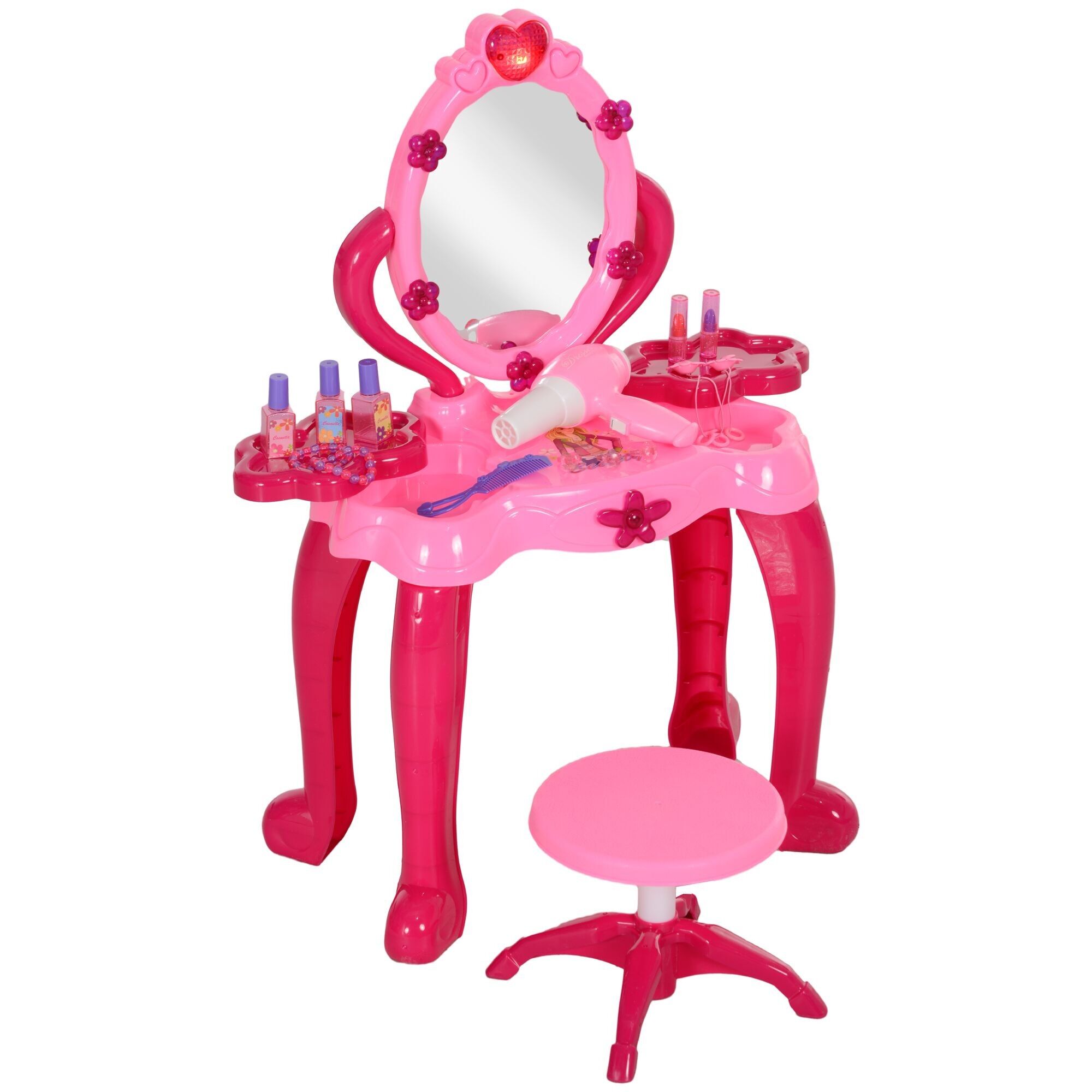 AIYAPLAY Kids Dressing Table for 3-6 Years Old Girls Dressing Table and Stool Set with Mirror 15PCS Music Hair Dryer Pink