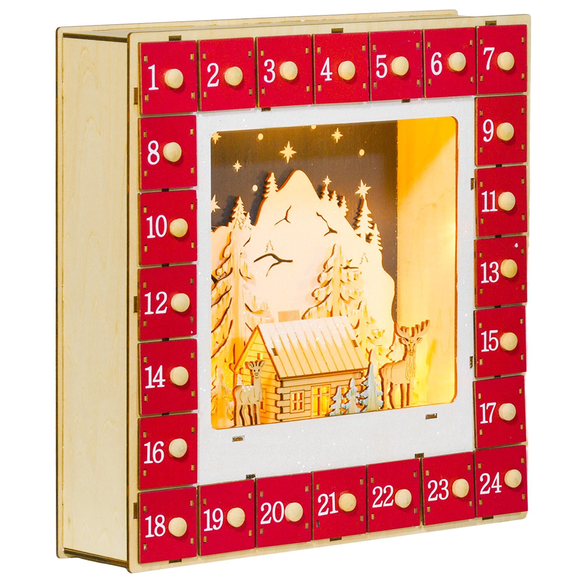 Calendario dell'Avvento a LED HOMCOM, decorazioni natalizie in legno, 24 cassetti da riempire, decorazione a luci rosse