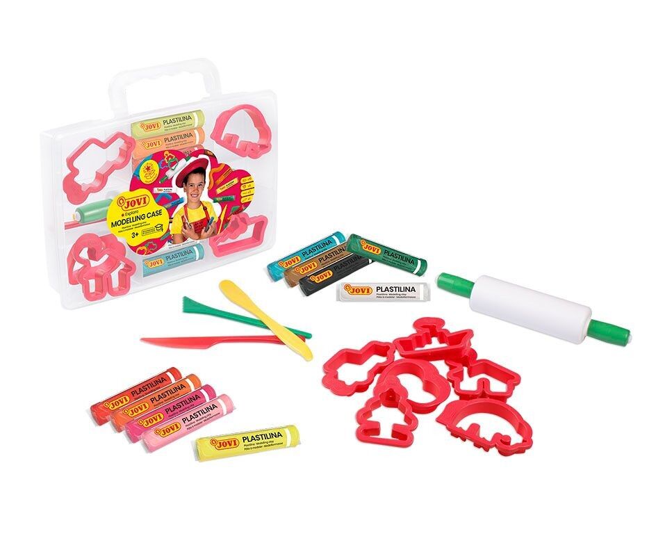 JOVI - VALIGETTA PER MODELLARE Set di plastilina 10 barrette da 15 gr + 6 stampi + 3 utensili per modellare + 1 rullo per modellare