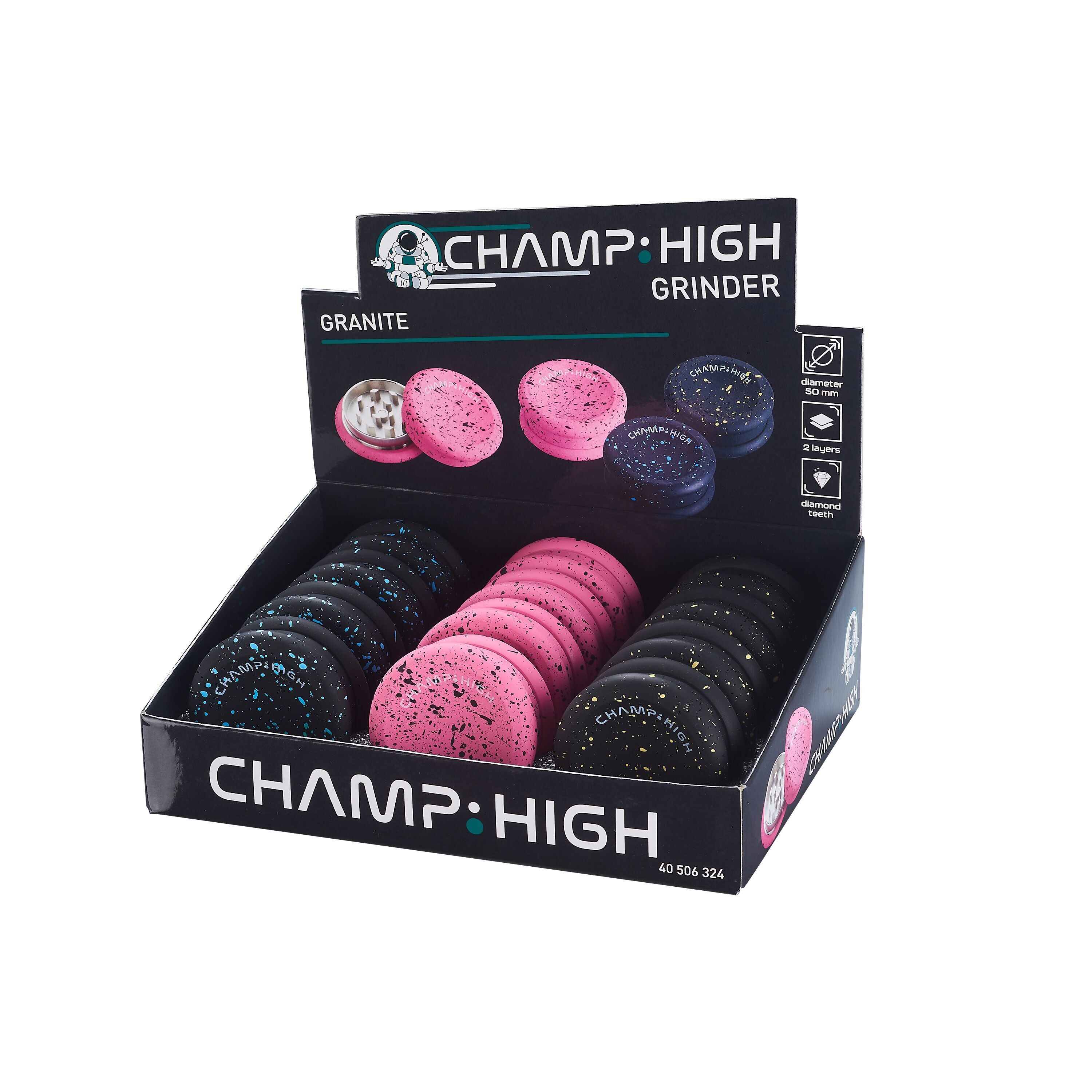 Espositore di 12 macinini per spezie in granito - Rosa e Nero