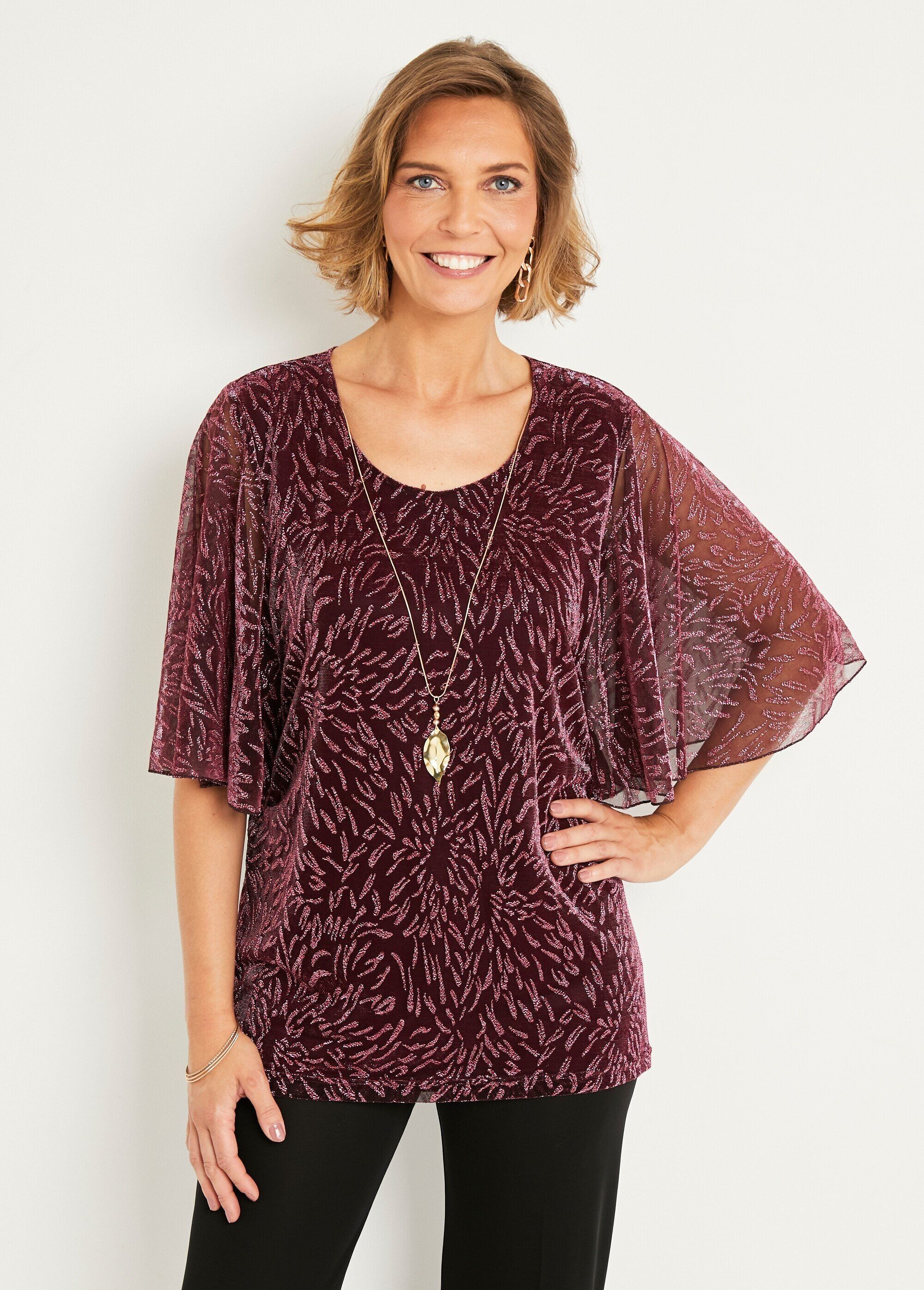 T-shirt lunga in mesh a rete stampata con scollo tondo