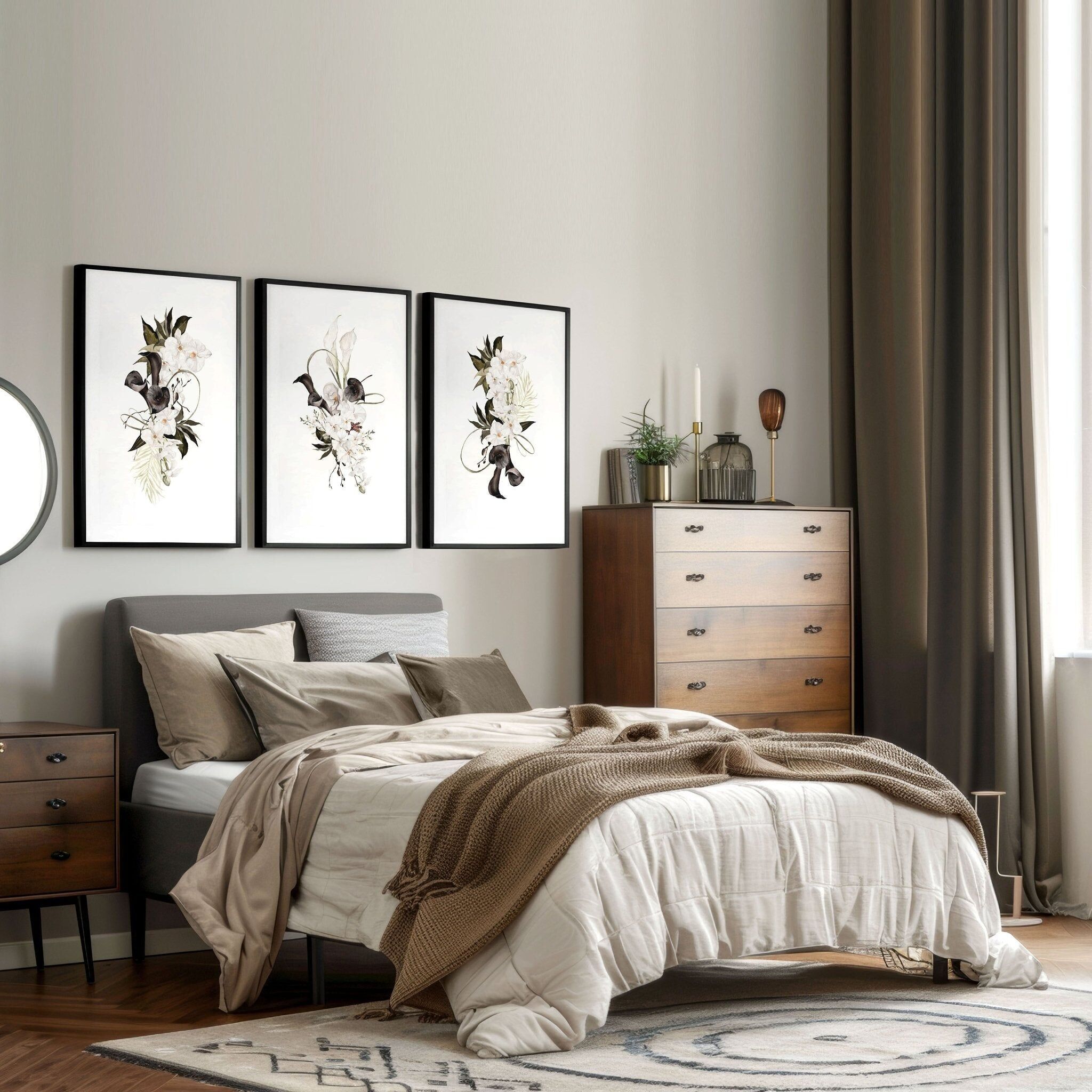 Decorazione botanica per la camera da letto | Set di 3 stampe artistiche da parete
