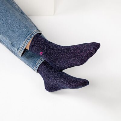 Chaussettes pailletées en coton peigné Unies Marine