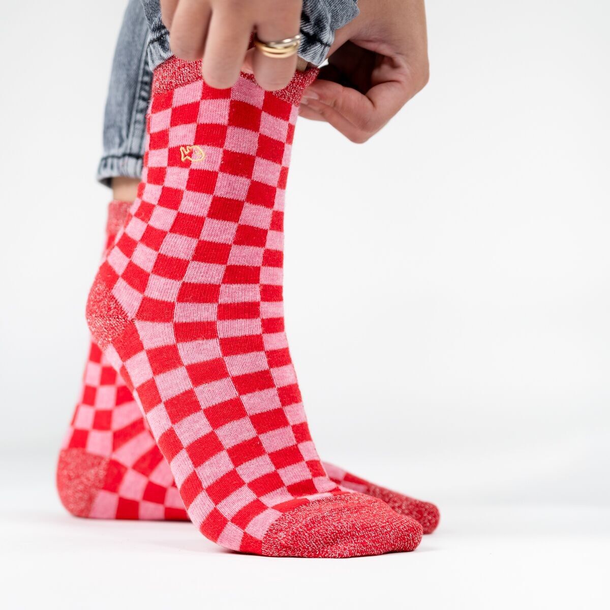 Calzini in cotone pettinato a quadretti - Rosso e rosa