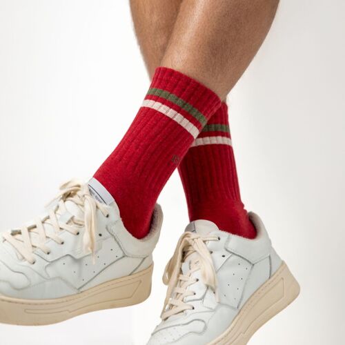 Chaussettes en coton peigné Retro - Rouge rayé vert et beige
