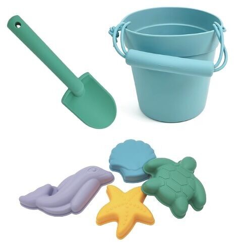Jouets de sable et plage en silicone (1 seau, 1 pelle et 4 accessoires de plage + sac de transport) - Bleu canard