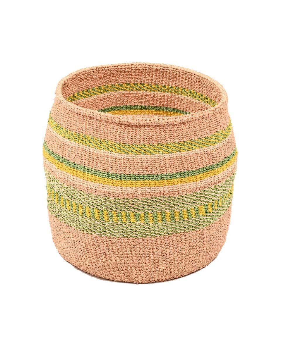 CHOCHA: Cestino in sisal marrone medio, verde e giallo
