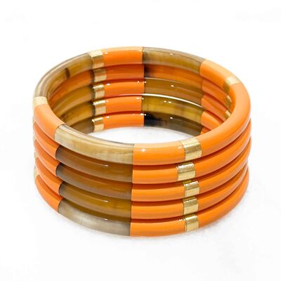Orange colored bracelet and gold leaves - Real horn