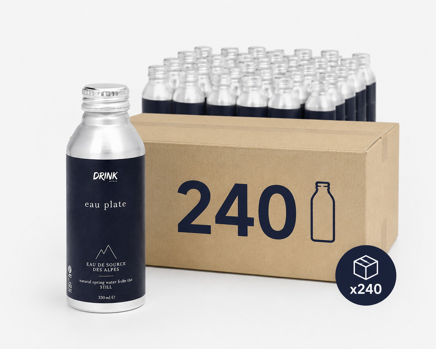 Pack de 240 botellas de agua mineral sin gas de primera calidad procedente de los Alpes - Botella de aluminio reciclable de 330 ml