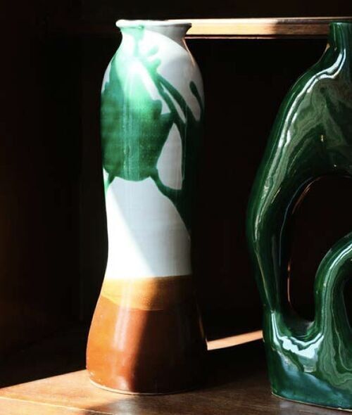 Vase ELEMENT émaillé vert, marron et blanc