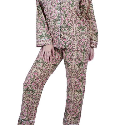 Conjunto de pijama largo de algodón con bolsa - Floral beige y rosa