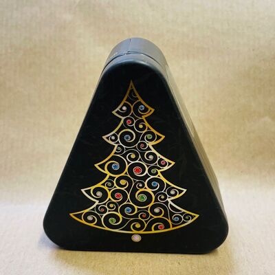 Small metal Christmas tree box, assortment of organic vegan chocolates 30g