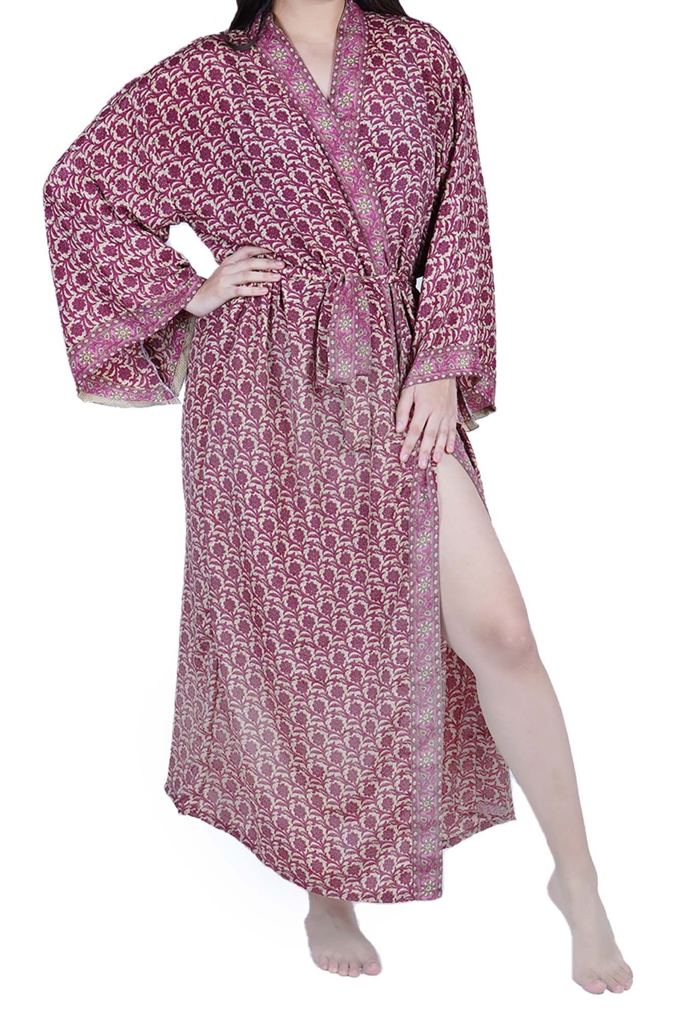 Nuovo lussuoso kimono in seta Boho House Robe - Blocco floreale marrone