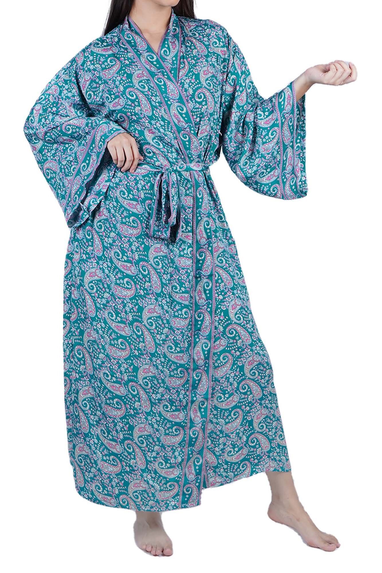 Nuovo lussuoso accappatoio in seta Boho Kimono House - Paisley blu verde acqua