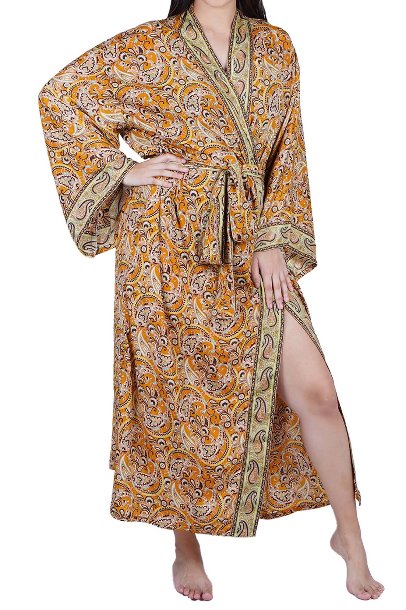 Nuovo lussuoso kimono in seta Boho House Robe - Paisley senape