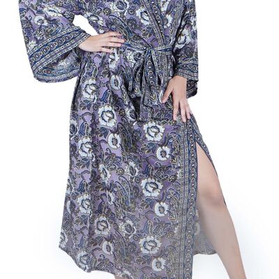 Nuovo lussuoso accappatoio in seta Boho Kimono House - Viola Blu Floreale