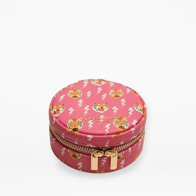 Pink Tiger Face Round Jewellery Case