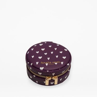 Plum and White Heart Round Jewellery Case