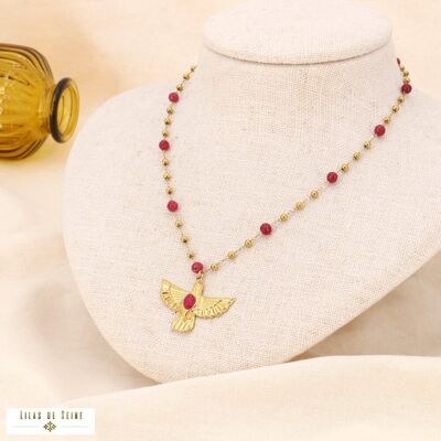 Collana girocollo uccello in acciaio con perle di pietra 0123535