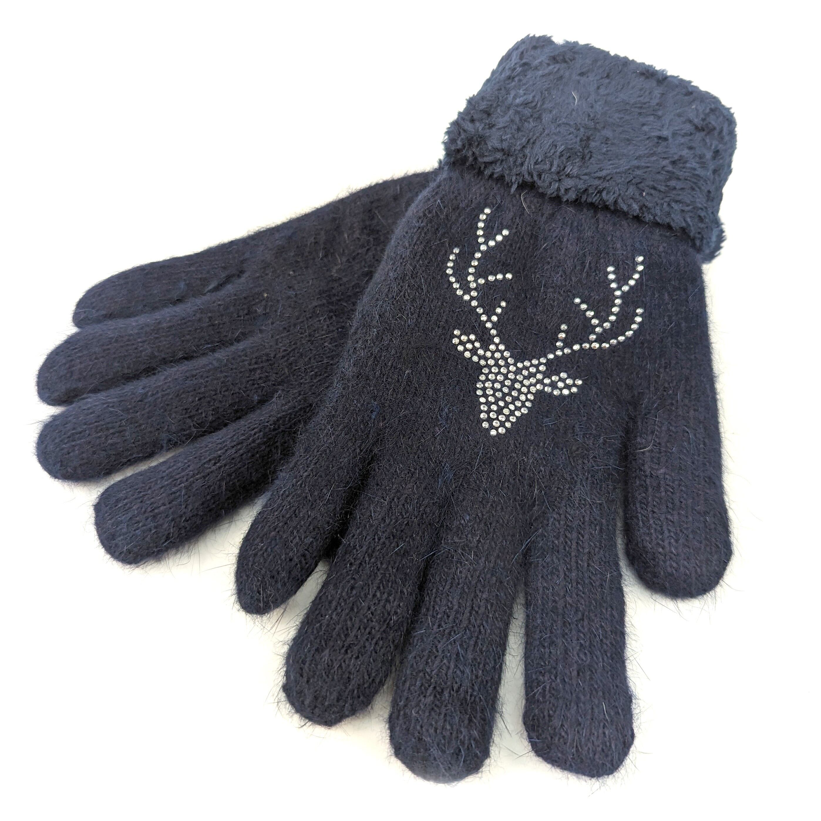 Stag Faux Fur Gloves - Navy Blue