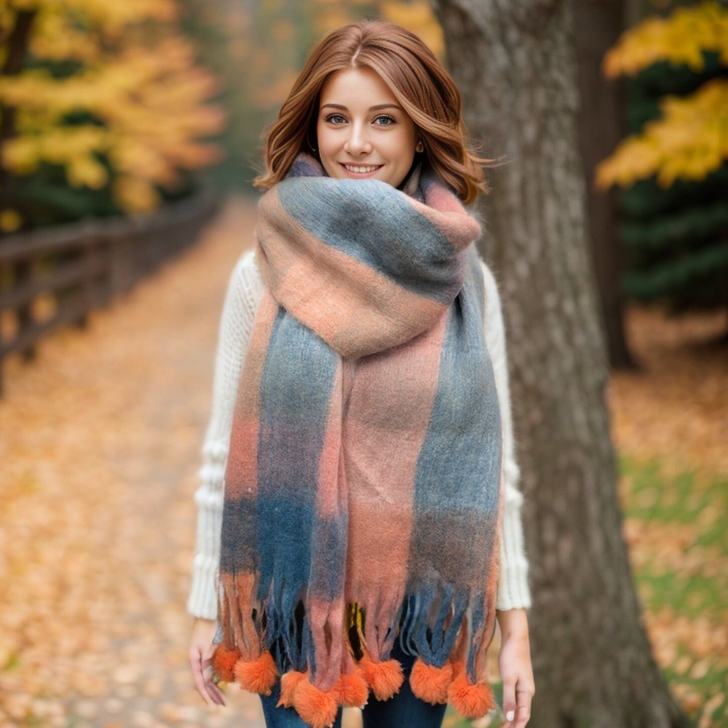 Skala - Écharpe à pompons extra épaisse à carreaux (40x210cm) - Vintage Shades