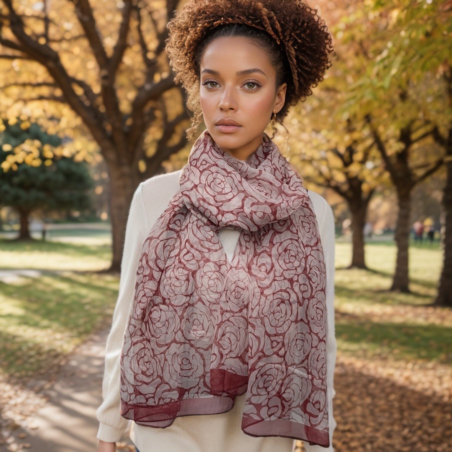 Sava - Sciarpa in chiffon con rose (110x180cm) - Rosso vino