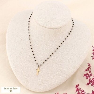 Collier chaîne chapelet perles cristal croix acier 0123585