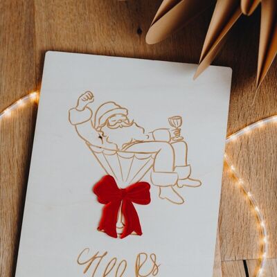 Cartel festivo de madera de Papá Noel y su lazo de plexiglás de espejo rojo