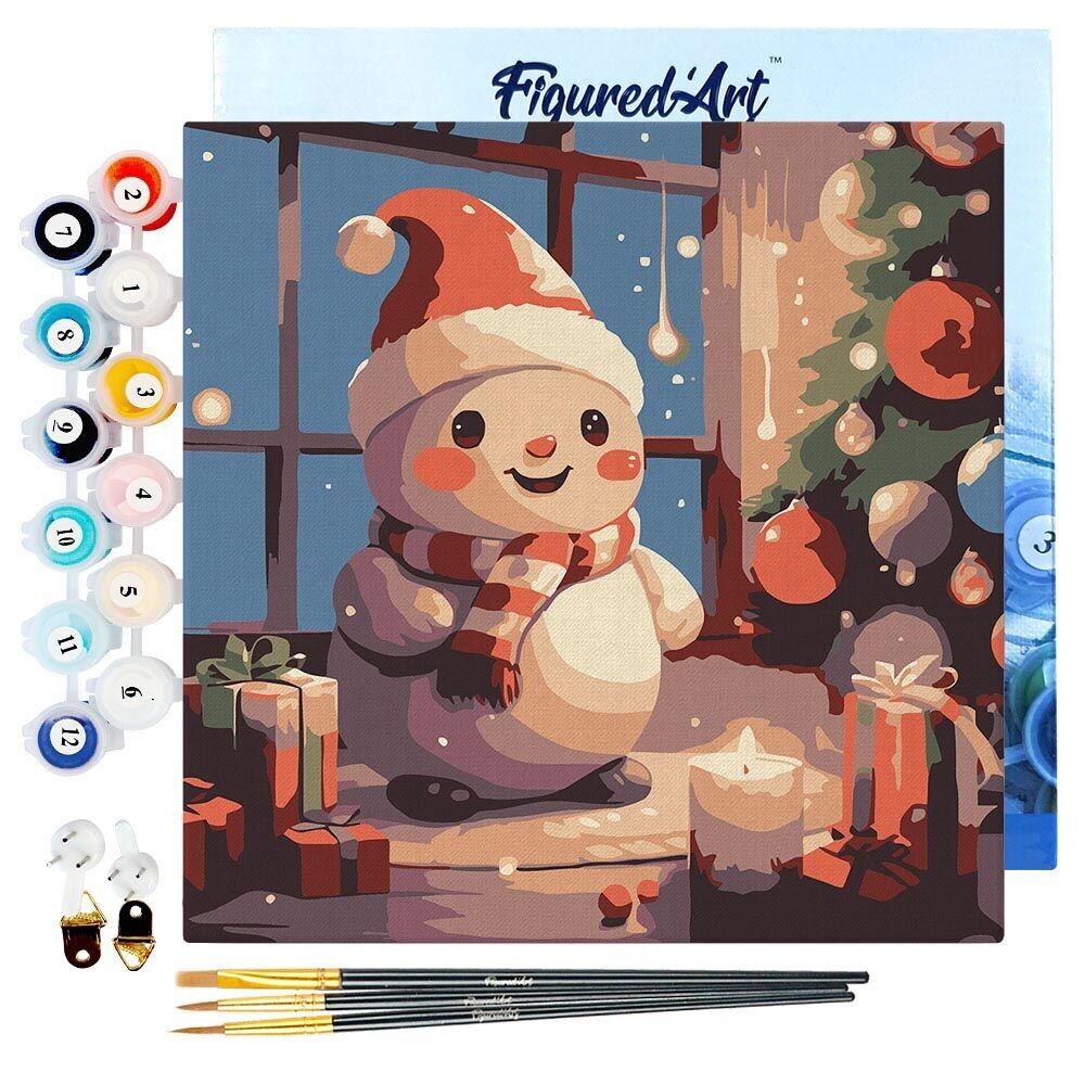 Mini dipinto con i numeri 20x20 cm con cornice Buon pupazzo di neve nella stanza