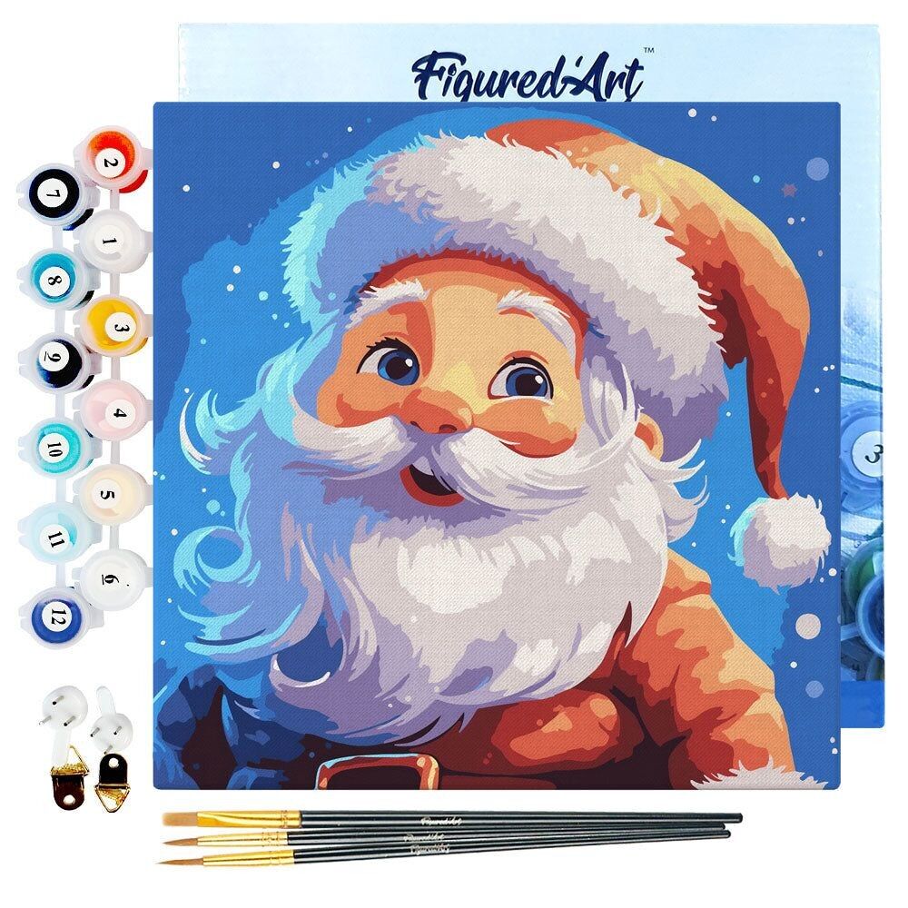 Mini dipinto con i numeri 20x20 cm con cornice Babbo Natale sorridente