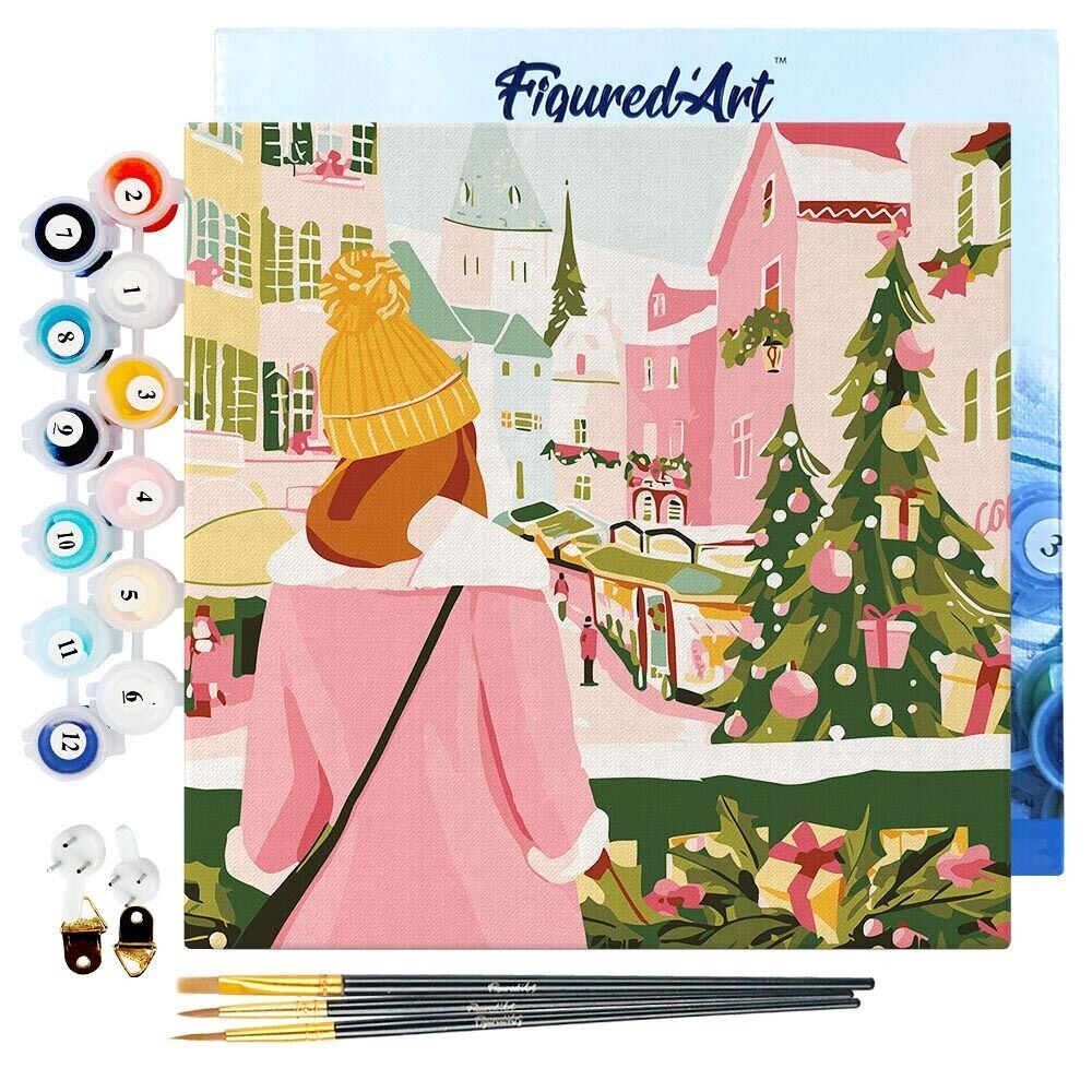 Mini dipinto con i numeri 20x20 cm con cornice Giovane donna sul balcone