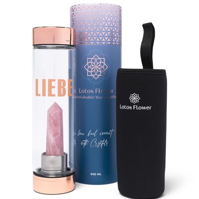 Gemstone drinking bottle with rose quartz and "love" imprint