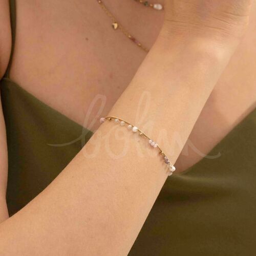 Bracelet 2 rangs Edwina - maille serpent, pâtes de verre, perles d'eau douce et pierres naturelles