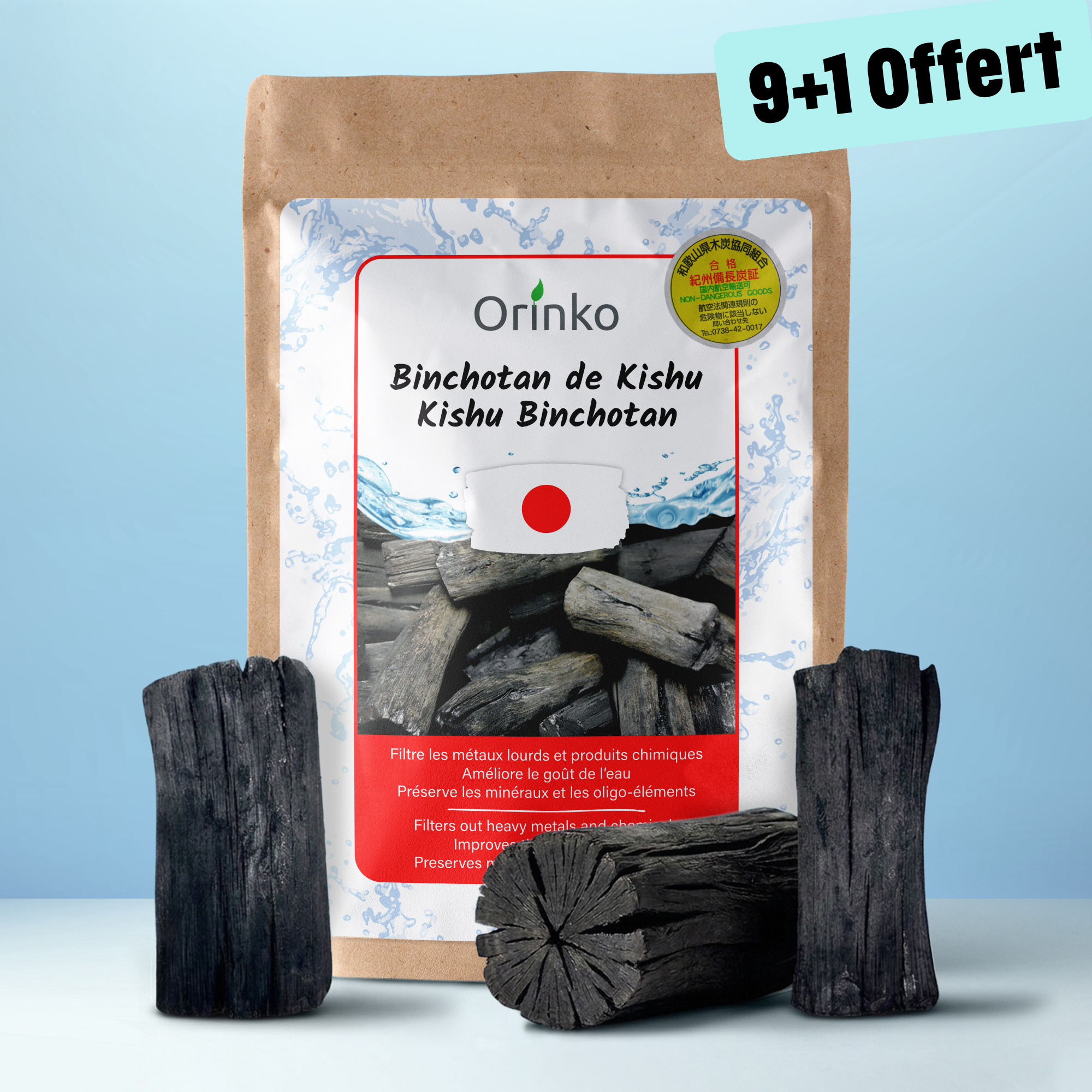 9+1 OFFERT : Binchotan de Kishu x3 | Puissant Purificateur d'Eau - Chêne Ubame de Wakayama - Authentique Charbon Actif Binchotan Traditionnel du Japon pour Purification d'eau en Carafe