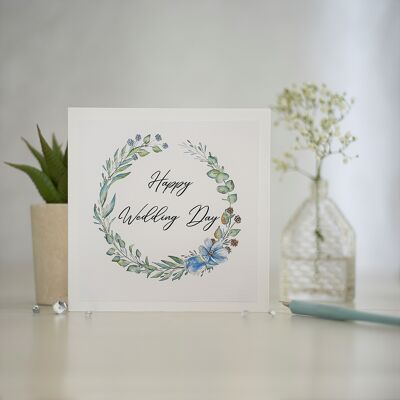 Blue Floral Wreath Wedding Greetings Card