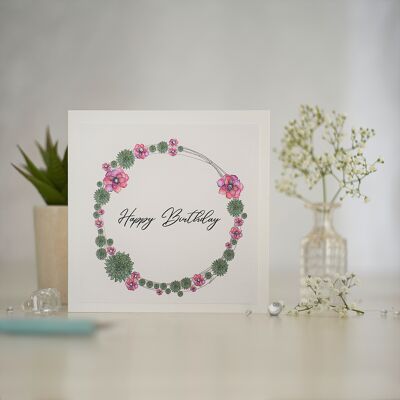 Pink Floral Wreath Birthday Greetings Card