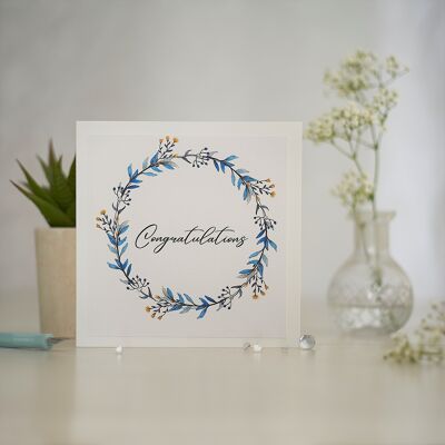 Blue Floral Wreath Congratulations Greetings Card