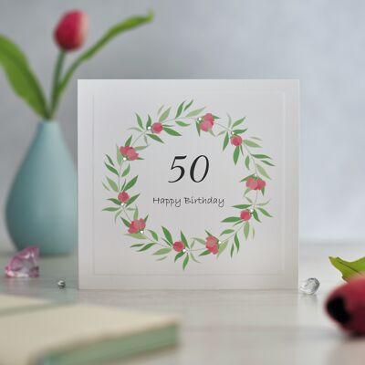 Pink Wreath 50th Birthday Greetings Card -
