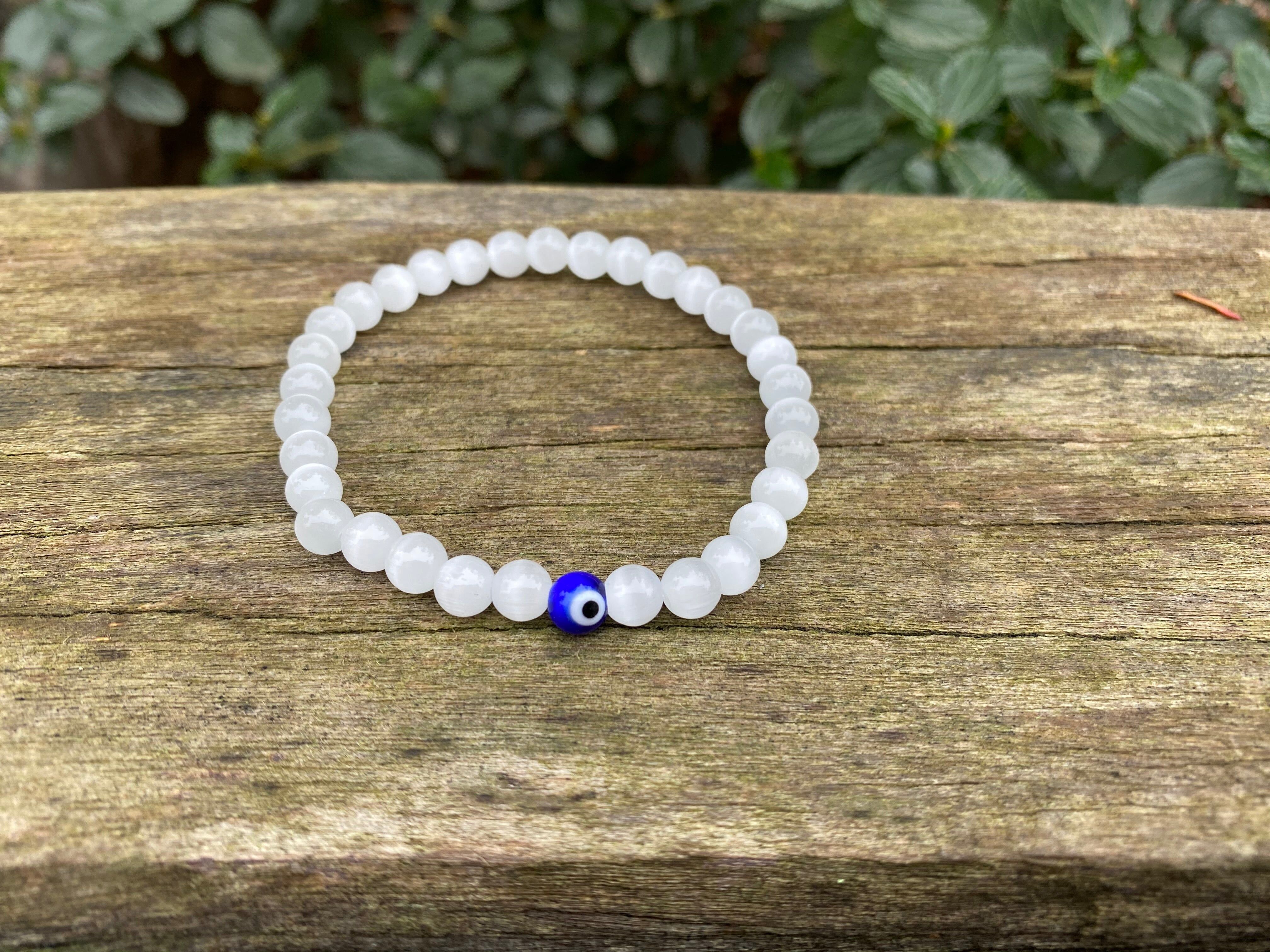 Bracelet élastique de Lithothérapie en Sélénite et Oeil Turc Nazar Boncuk