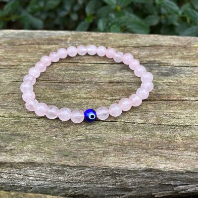 Bracelet élastique de Lithothérapie en Quartz Rose et Oeil Turc Nazar Boncuk