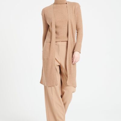 MIA 6 Cárdigan largo de cashmere de punto canalé camel sin mangas