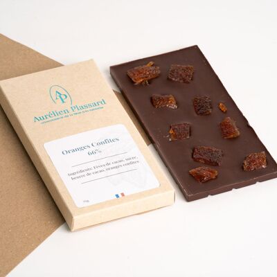 66% dark chocolate bar with candied oranges