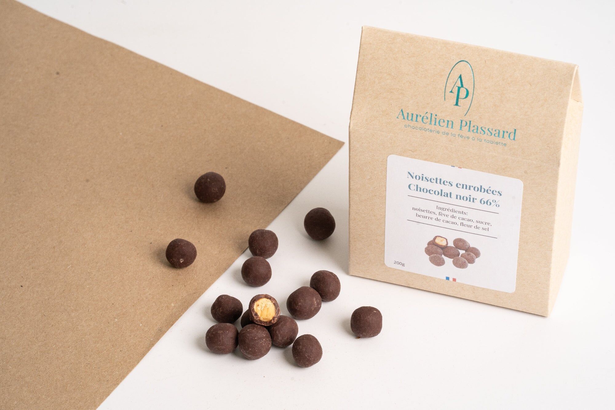 Hazelnuts coated in 66% dark chocolate