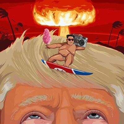 Tarjeta de felicitación - Jim lo pintará - Kim Jong Un surfeando con la peluca de Trump 079