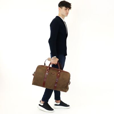 Borsa da viaggio in pelle e tela tamponata a mano art. 112243