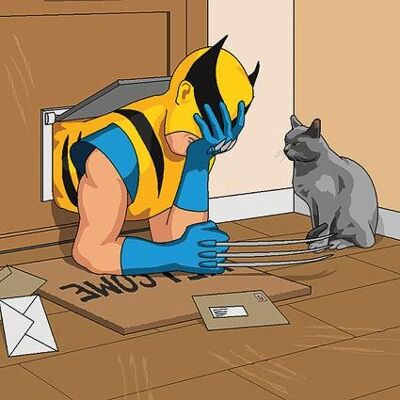 Grußkarte - Jim'll Paint It - X Men's Wolverine Stuck in a Cat Flap 018