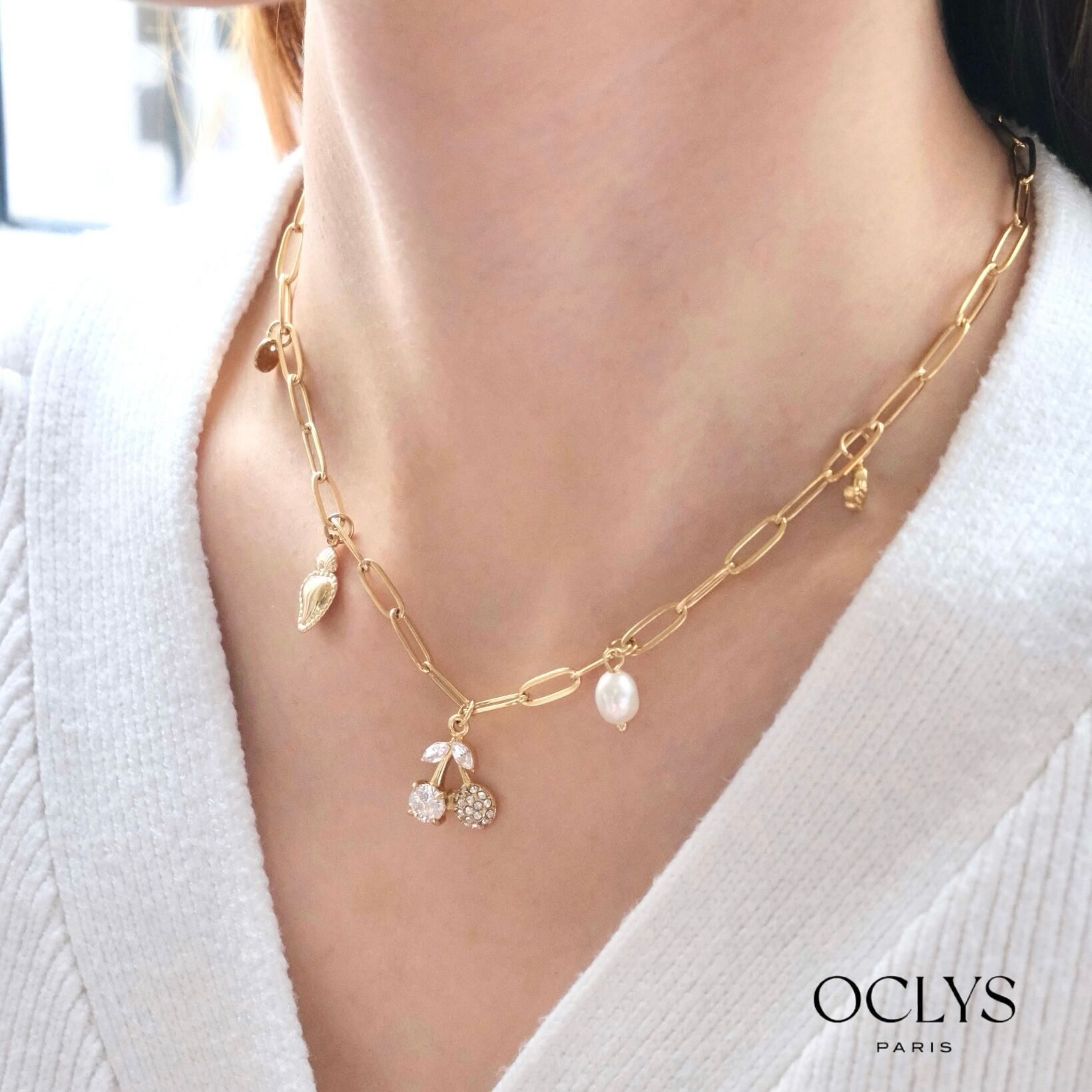 Jani-Halskette mit Kirschanhänger und Strasssteinen aus Edelstahl